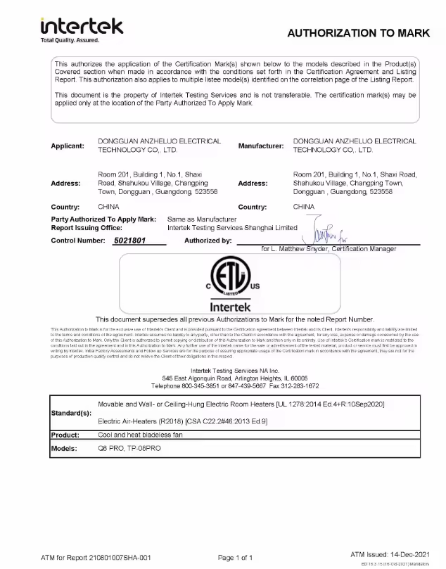 Original Intertek authorization scan for Q8 PRO and TP-08PRO