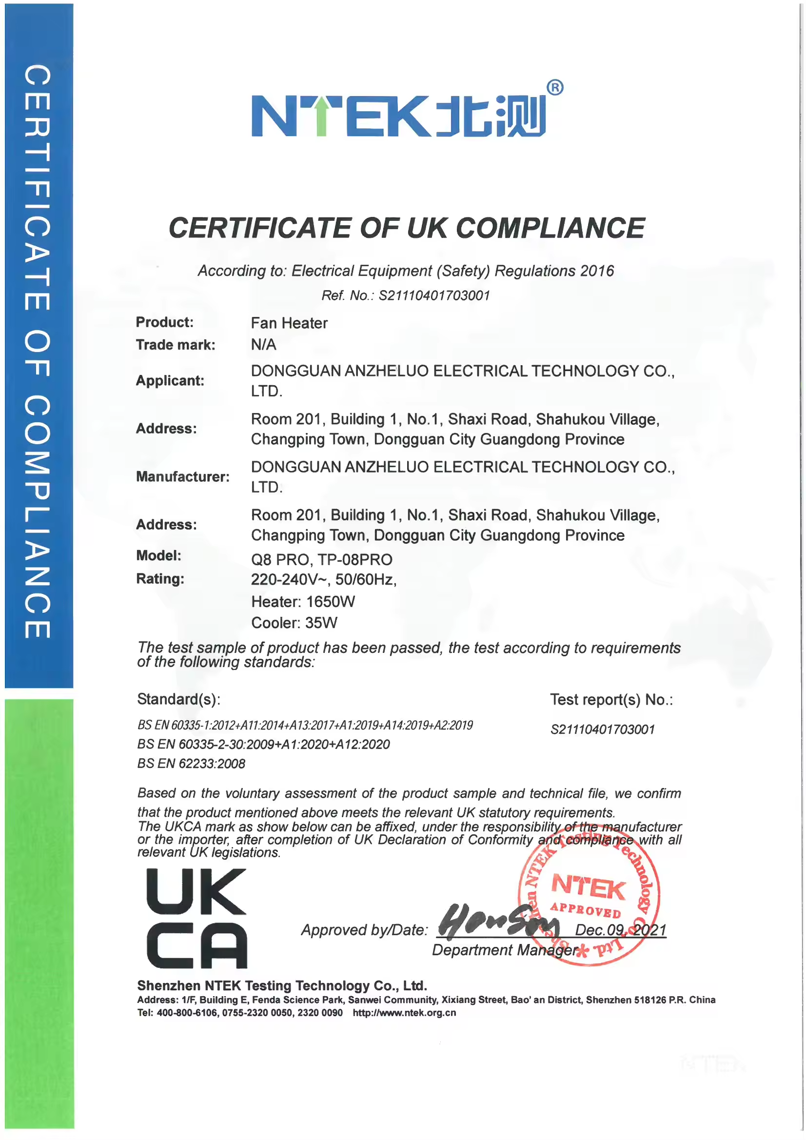 Original NTEK UK compliance scan for Q8 PRO and TP-08PRO
