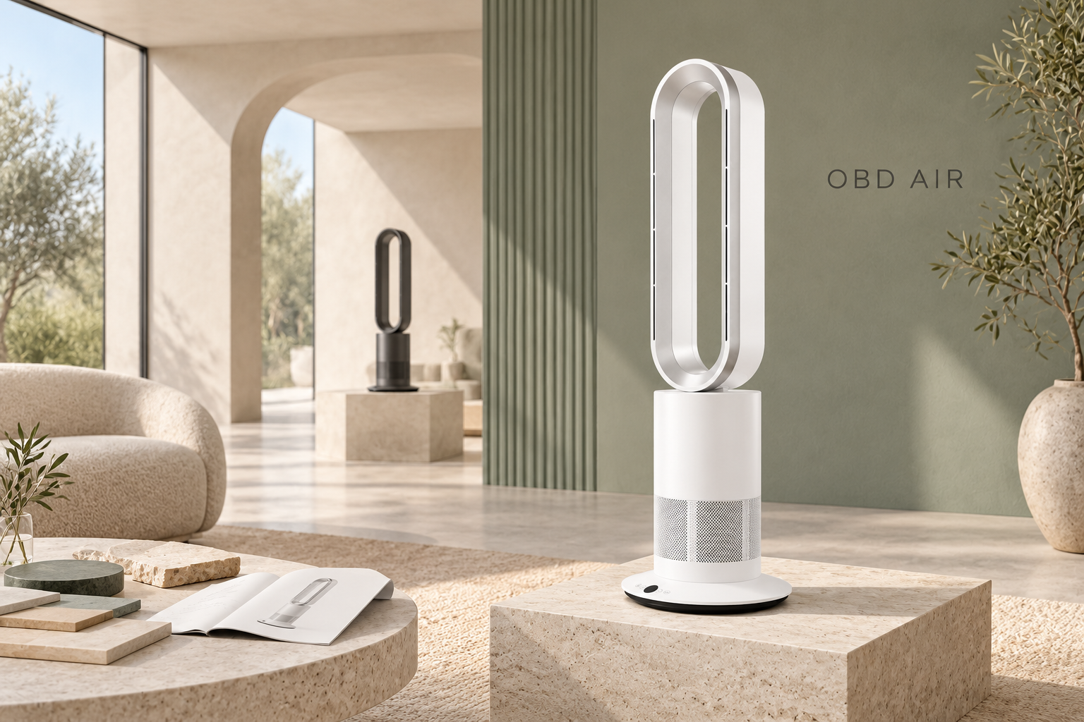 OBD AIR brand showroom concept featuring the white and silver bladeless fan