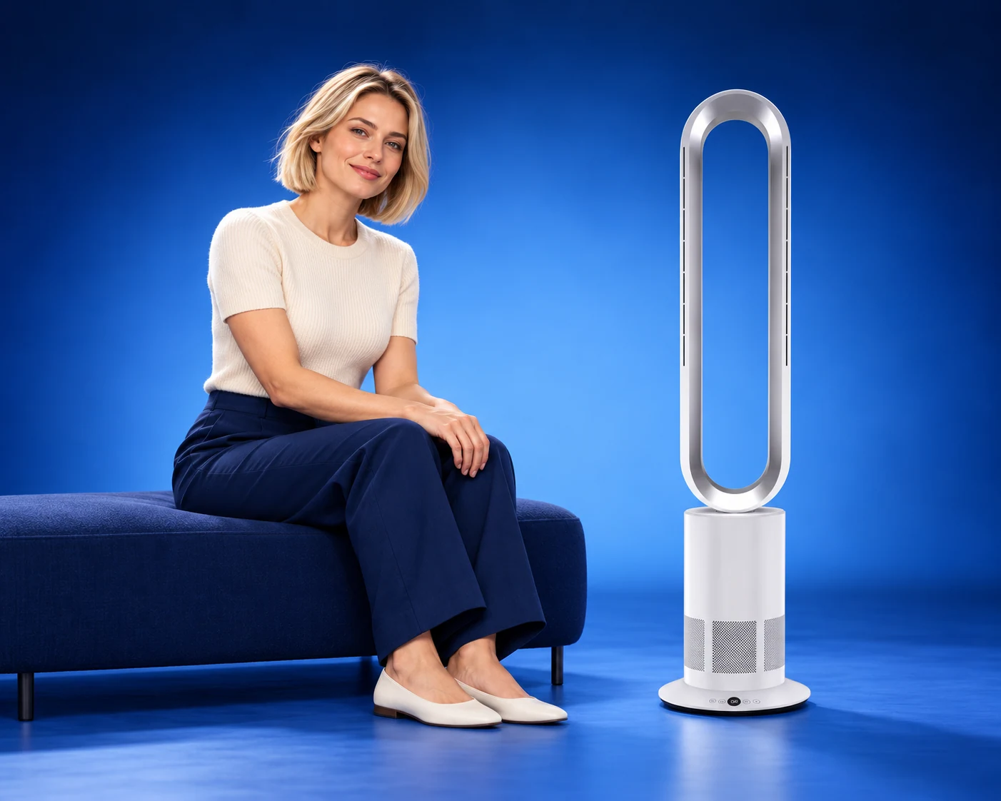 White and silver bladeless fan beside a blonde model seated on a blue bench — illustrative campaign