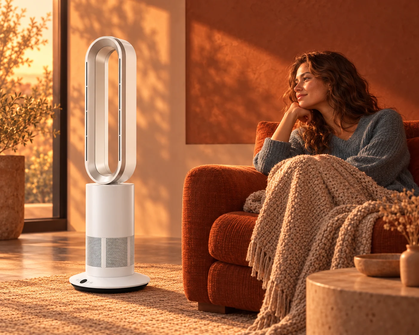 White fan heater beside a seated model in a warm interior — illustrative campaign