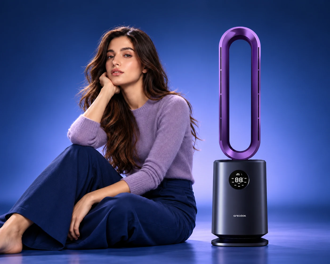 Purple air purifier fan with a model in an indigo studio — illustrative campaign