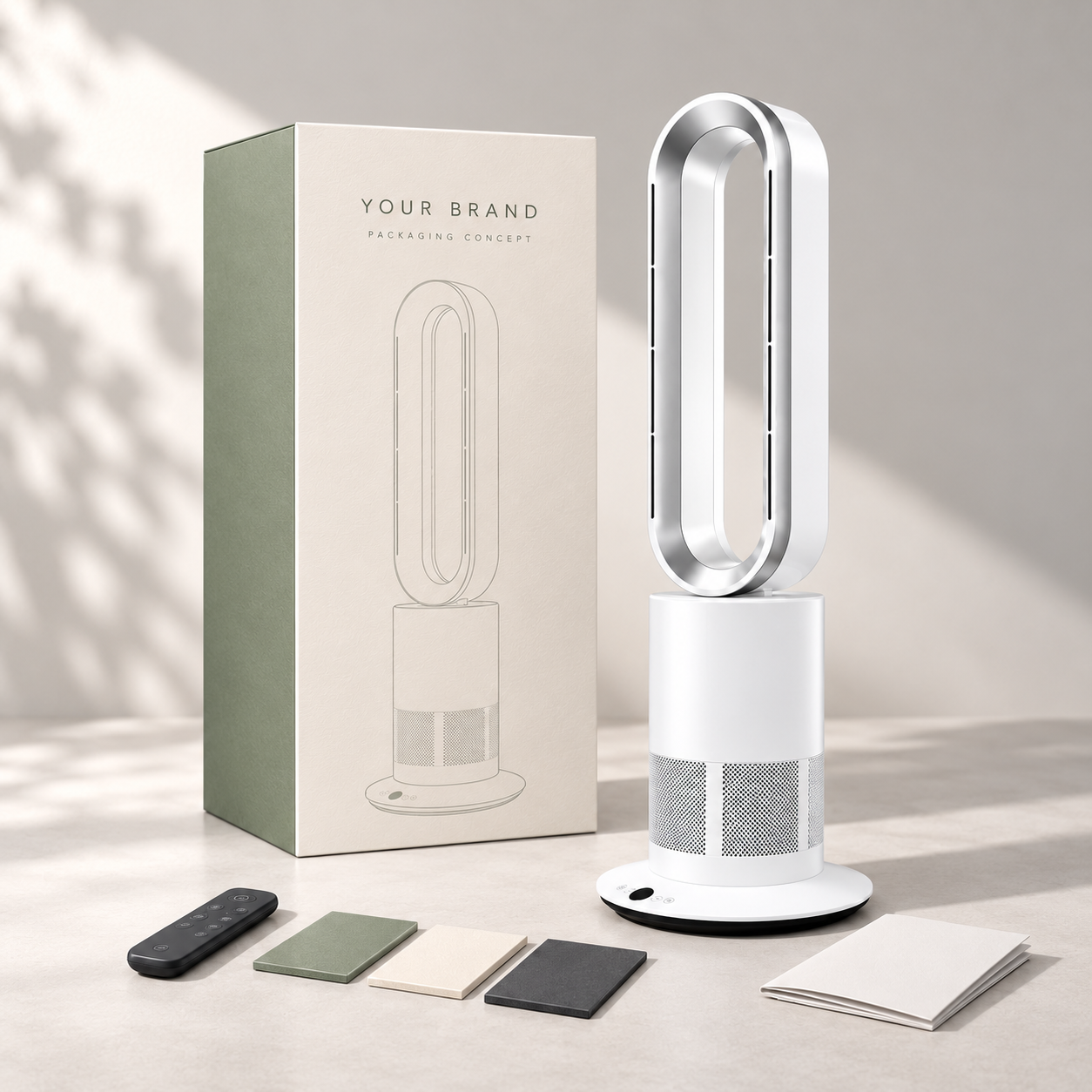 Illustrative customization concept with white and silver bladeless fan, packaging, remote and color samples