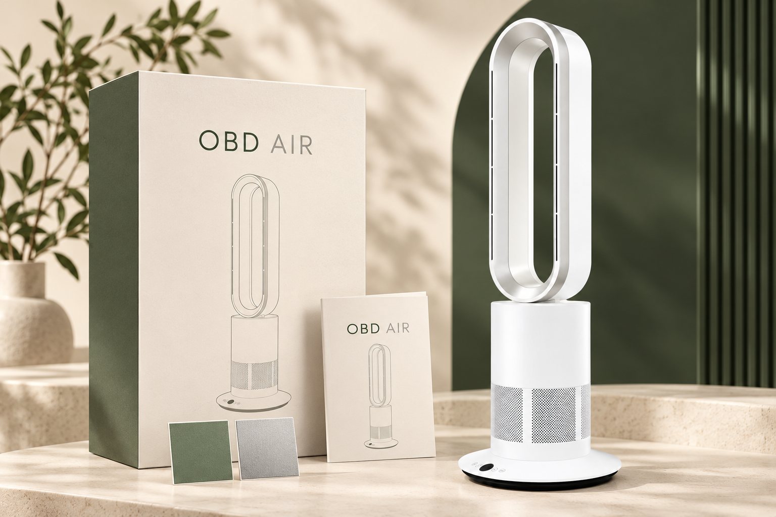 OBD AIR packaging concept with a white and silver bladeless fan, carton, instruction booklet and color samples