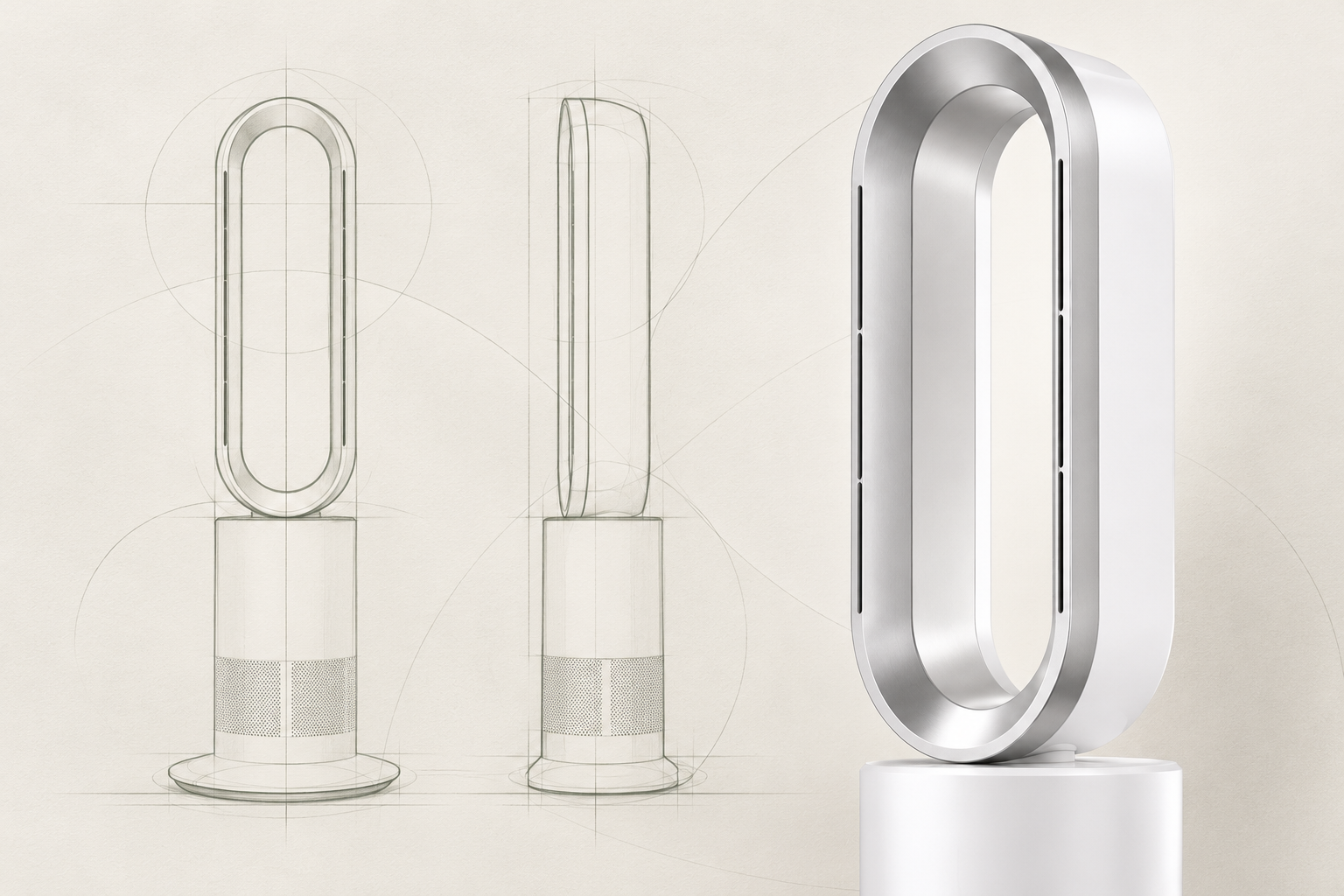 Illustrative bladeless fan design study combining outline sketches and silver product detail